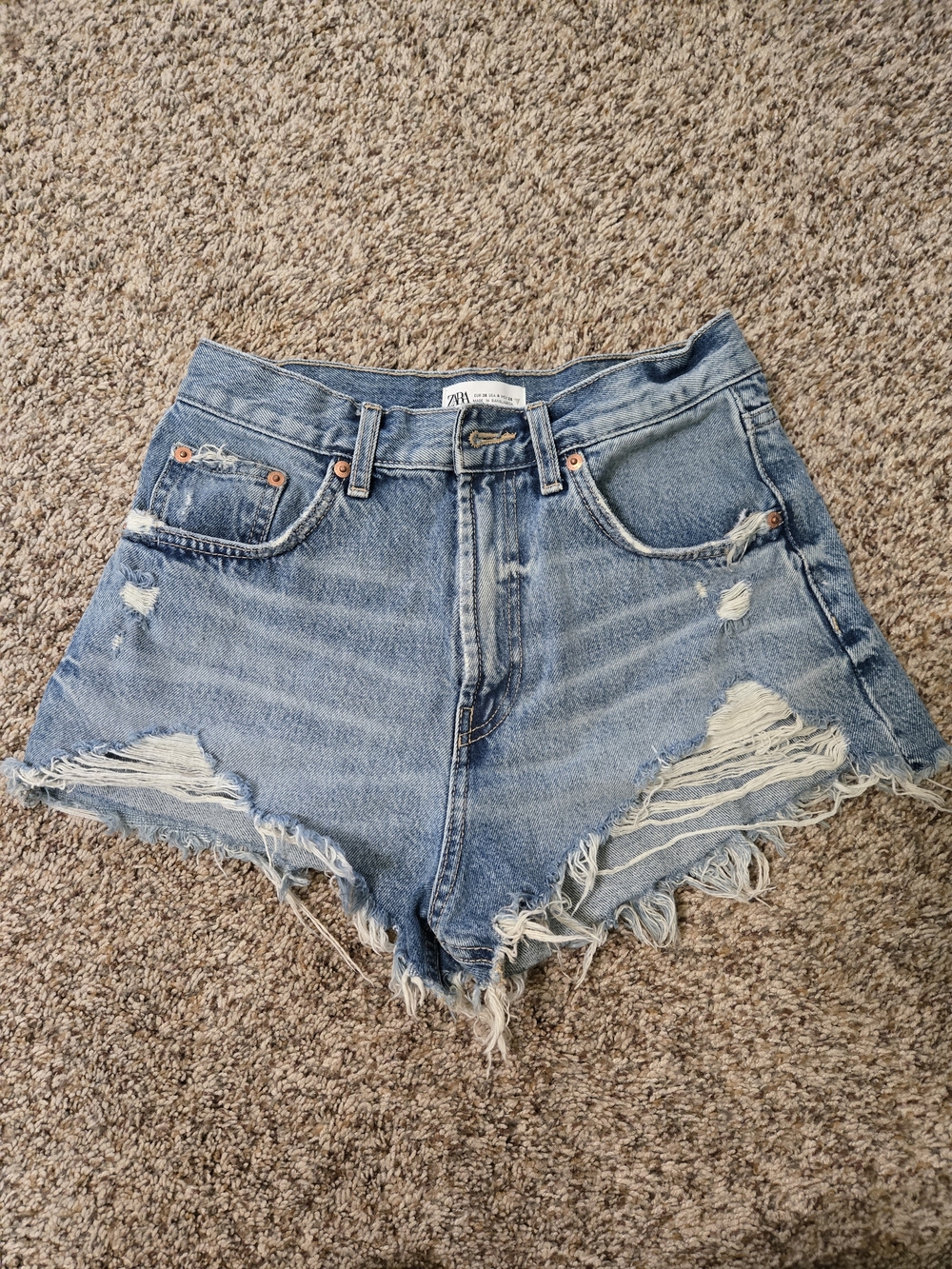 Zara Light Blue Distressed High-Waist Denim Shorts